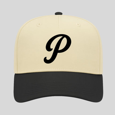 Beige and black cap with a black 'P' logo on a light gray background